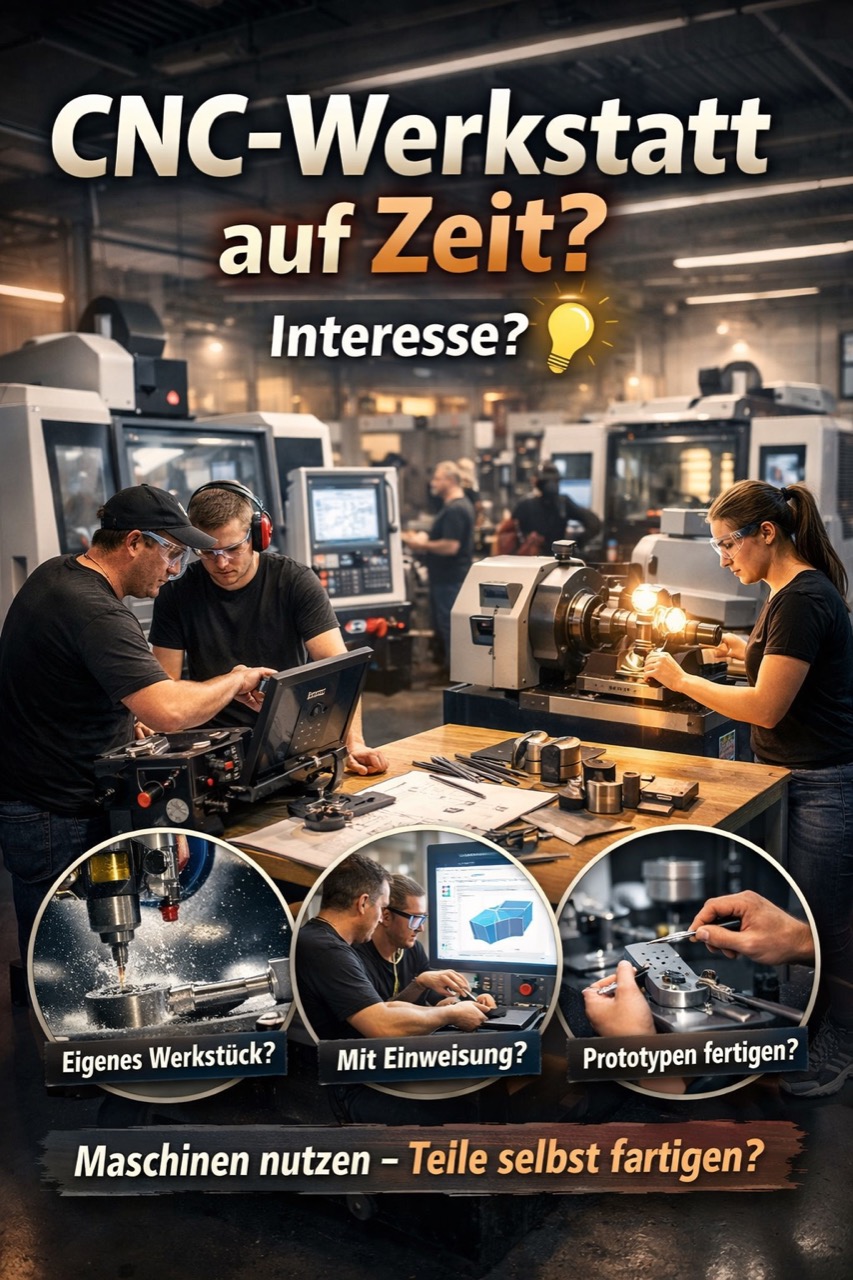 CNC workshop environment with people working on machines and prototype parts.