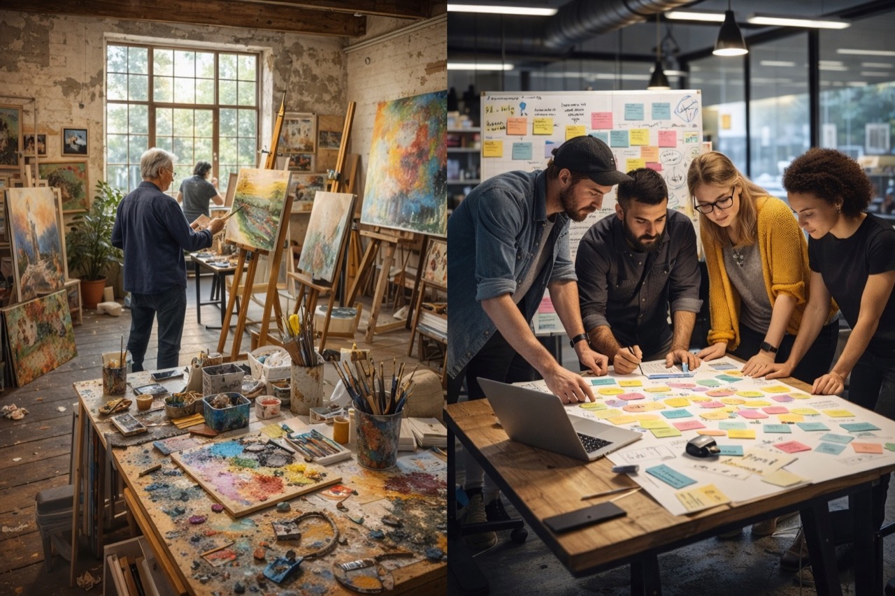 Kreative Studio- und Teamarbeit in einem hellen Atelier und Projektumfeld in Aichwald.